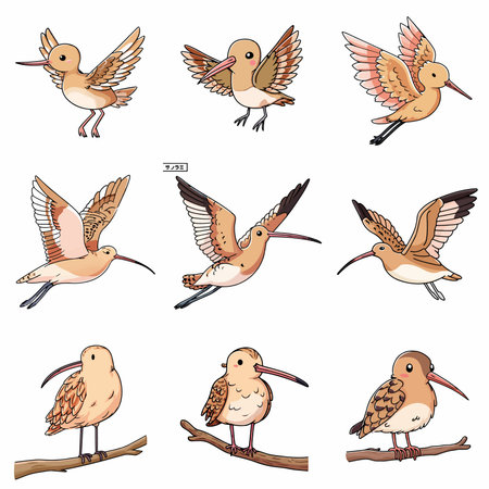 A complete illustration of a curlew, cartoon kawaii style. Simplified silhouette shape, Same style as style reference, thick continuous vector outlines, clean stroke, high contrast, simple flat colors, large solid uniform color blocks, white background. Single character centered.のイラスト素材