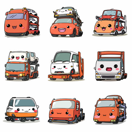 A complete illustration of a Car transporter, cartoon kawaii style. Simplified silhouette shape, Same style as style reference, thick continuous vector outlines, clean stroke, high contrast, simple flat colors, large solid uniform color blocks, white background. Single character centered.のイラスト素材