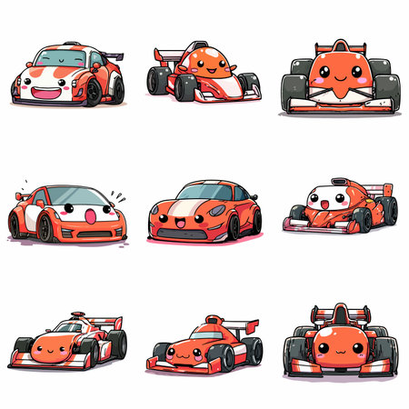 A complete illustration of a Race car, cartoon kawaii style. Simplified silhouette shape, Same style as style reference, thick continuous vector outlines, clean stroke, high contrast, simple flat colors, large solid uniform color blocks, white background. Single character centered.のイラスト素材