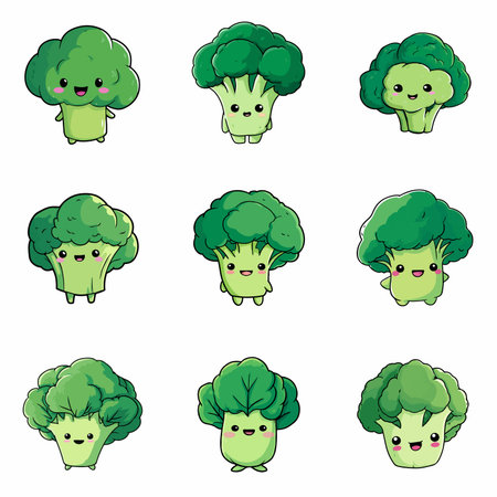 A complete illustration of a Broccoli Leaves, cartoon kawaii style. Simplified silhouette shape, Same style as style reference, thick continuous vector outlines, clean stroke, high contrast, simple flat colors, large solid uniform color blocks, white background. Single character centered.のイラスト素材