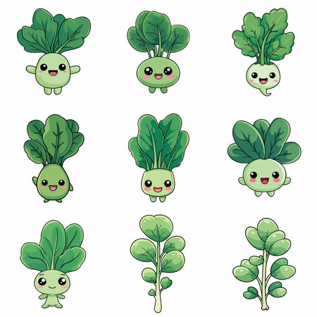 A complete illustration of a Pea Shoots, cartoon kawaii style. Simplified silhouette shape, Same style as style reference, thick continuous vector outlines, clean stroke, high contrast, simple flat colors, large solid uniform color blocks, white background. Single character centered.のイラスト素材