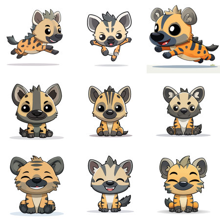 A complete illustration of a Striped hyena running, kawaii cartoon style. 
Same style as style reference. 
Simplified silhouette shape, bold continuous vector outlines, clean stroke, high contrast, simple flat colors, large solid uniform color blocks, white background. 
Single character centered in frame.のイラスト素材