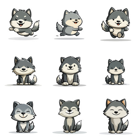A complete illustration of a Wolf running, kawaii cartoon style. 
Same style as style reference. 
Simplified silhouette shape, bold continuous vector outlines, clean stroke, high contrast, simple flat colors, large solid uniform color blocks, white background. 
Single character centered in frame.のイラスト素材