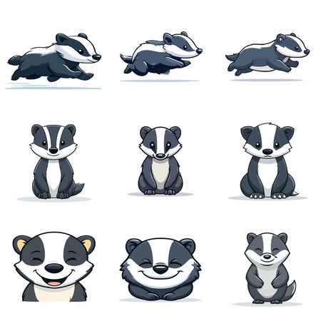 A complete illustration of a Badger running, kawaii cartoon style. 
Same style as style reference. 
Simplified silhouette shape, bold continuous vector outlines, clean stroke, high contrast, simple flat colors, large solid uniform color blocks, white background. 
Single character centered in frame.のイラスト素材