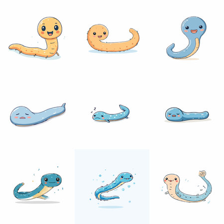 A complete illustration of a lamprey, kawaii cartoon style. Same style as style reference. Simplified silhouette shape, bold continuous vector outlines, clean stroke, high contrast, simple flat colors, large solid uniform color blocks, white background. Single character centered.のイラスト素材