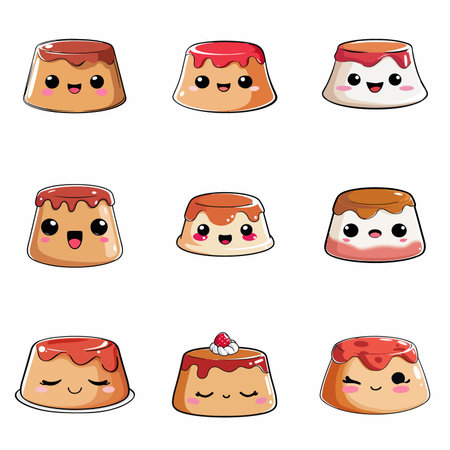 A complete illustration of a Pudding, cartoon kawaii style. Simplified silhouette shape, Same style as style reference, thick continuous vector outlines, clean stroke, high contrast, simple flat colors, large solid uniform color blocks, white background. Single character centered.のイラスト素材