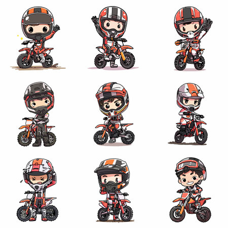 A complete illustration of a Motocross Rider, cartoon kawaii style. Simplified silhouette shape, Same style as style reference, thick continuous vector outlines, clean stroke, high contrast, simple flat colors, large solid uniform color blocks, white background. Single character centered.のイラスト素材
