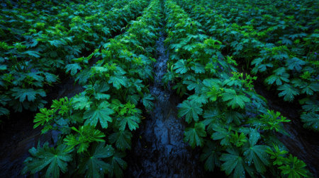 A panoramic wide view of Columbine field growing closely together after rain wet leaves reflecting soft light fresh soil visible ultra realistic photography cinematic wide composition lifelike natural sceneの写真素材