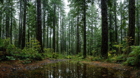 A panoramic wide view of Douglas fir forest growing closely together after rain wet leaves reflecting soft light fresh soil visible ultra realistic photography cinematic wide composition lifelike natural sceneの写真素材