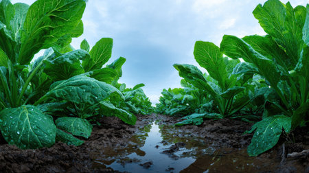 A panoramic wide view of Horseradish field growing closely together after rain wet leaves reflecting soft light fresh soil visible ultra realistic photography cinematic wide composition lifelike natural sceneの写真素材