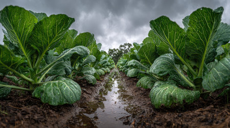 A panoramic wide view of Collard greens field growing closely together after rain wet leaves reflecting soft light fresh soil visible ultra realistic photography cinematic wide composition lifelike natural sceneの写真素材