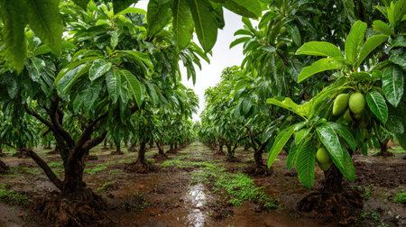 A panoramic wide view of Black sapote field growing closely together after rain wet leaves reflecting soft light fresh soil visible ultra realistic photography cinematic wide composition lifelike natural sceneの写真素材