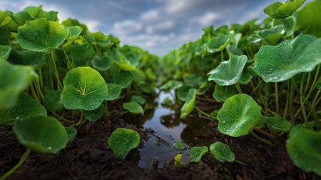 A panoramic wide view of Gotu kola field growing closely together after rain wet leaves reflecting soft light fresh soil visible ultra realistic photography cinematic wide composition lifelike natural sceneの写真素材