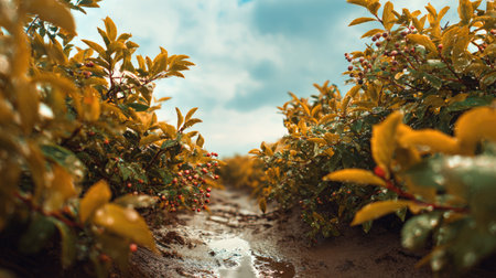 A panoramic wide view of Chokeberry field growing closely together after rain wet leaves reflecting soft light fresh soil visible ultra realistic photography cinematic wide composition lifelike natural sceneの写真素材