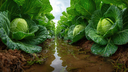 A panoramic wide view of Green cabbage field growing closely together after rain wet leaves reflecting soft light fresh soil visible ultra realistic photography cinematic wide composition lifelike natural sceneの写真素材