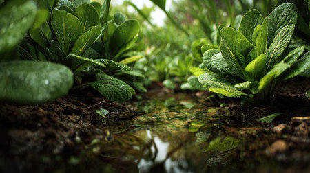 A panoramic wide view of Primrose garden growing closely together after rain wet leaves reflecting soft light fresh soil visible ultra realistic photography cinematic wide composition lifelike natural sceneの写真素材