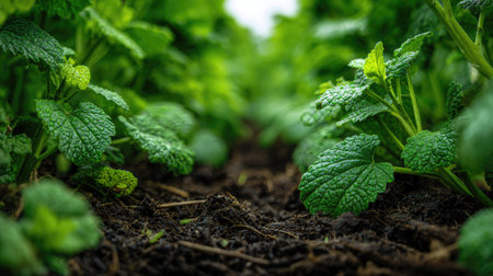 A panoramic wide view of Horehound field growing closely together after rain wet leaves reflecting soft light fresh soil visible ultra realistic photography cinematic wide composition lifelike natural sceneの写真素材