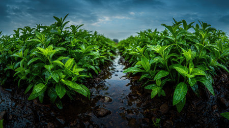 A panoramic wide view of Russelia field growing closely together after rain wet leaves reflecting soft light fresh soil visible ultra realistic photography cinematic wide composition lifelike natural sceneの写真素材