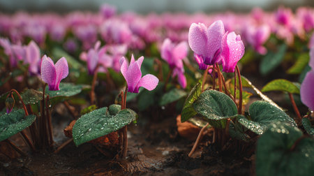 A panoramic wide view of Cyclamen field growing closely together after rain wet leaves reflecting soft light fresh soil visible ultra realistic photography cinematic wide composition lifelike natural sceneの素材