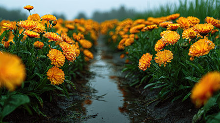 A panoramic wide view of Calendula field growing closely together after rain wet leaves reflecting soft light fresh soil visible ultra realistic photography cinematic wide composition lifelike natural sceneの素材