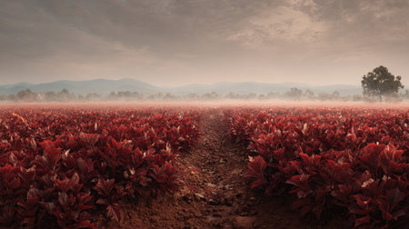 A panoramic wide view of Mulberry red field growing closely together after rain wet leaves reflecting soft light fresh soil visible ultra realistic photography cinematic wide composition lifelike natural sceneの素材