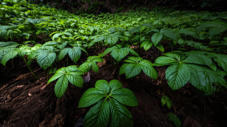 A panoramic wide view of Panax ginseng field growing closely together after rain wet leaves reflecting soft light fresh soil visible ultra realistic photography cinematic wide composition lifelike natural sceneの素材