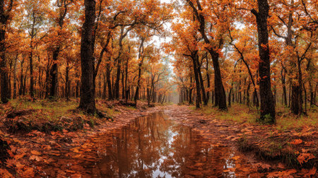A panoramic wide view of Red oak forest growing closely together after rain wet leaves reflecting soft light fresh soil visible ultra realistic photography cinematic wide composition lifelike natural sceneの素材
