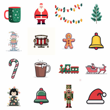 A complete illustration of Mug Santa Christmas Pine Fairy Toy, Christmas minimal flat style. Simplified silhouette shape, Same style as style reference, thick continuous vector outlines, clean stroke, high contrast, simple flat colors, large solid uniform color blocks, white background. Single character centered.のイラスト素材