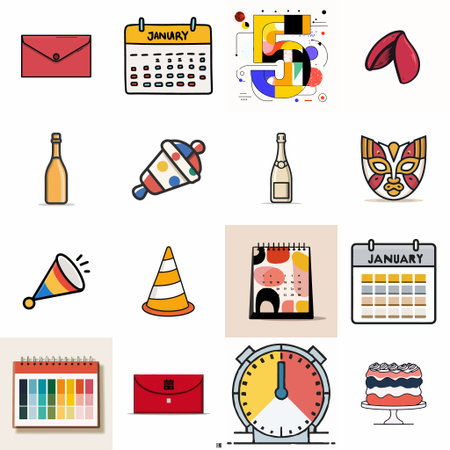 A complete illustration of Red Calendar Number Fortune Champagne Party, new year minimal flat style. Simplified silhouette shape, Same style as style reference, thick continuous vector outlines, clean stroke, high contrast, simple flat colors, large solid uniform color blocks, white background. Single character centered.のイラスト素材