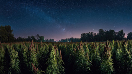 A panoramic wide view of Amaranth field growing closely together under a clear night sky starlight...