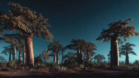 A panoramic wide view of Baobab field growing closely together under a clear night sky starlight illuminating leaves soft shadows calm natural atmosphere ultra realistic photography cinematic wide composition lifelike natural sceneの写真素材