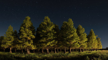 A panoramic wide view of Bald cypress field growing closely together under a clear night sky starlight illuminating leaves soft shadows calm natural atmosphere ultra realistic photography cinematic wide composition lifelike natural sceneの写真素材
