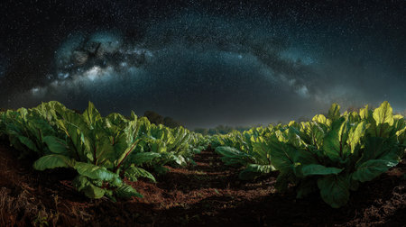 A panoramic wide view of Beetroot field growing closely together under a clear night sky starlight...