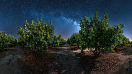 A panoramic wide view of Desert lime orchard growing closely together under a clear night sky...