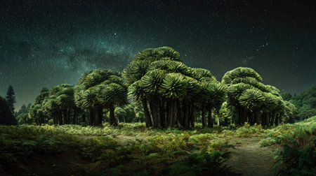 A panoramic wide view of Araucaria field growing closely together under a clear night sky starlight...