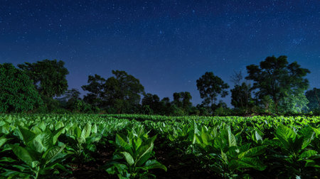 A panoramic wide view of Betel leaf field growing closely together under a clear night sky starlight...