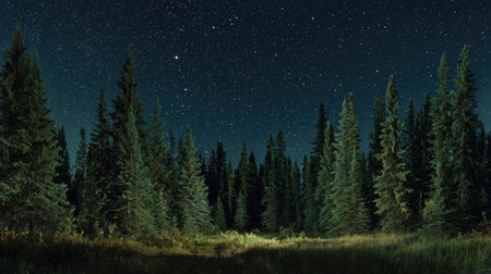 A panoramic wide view of Black spruce forest growing closely together under a clear night sky...