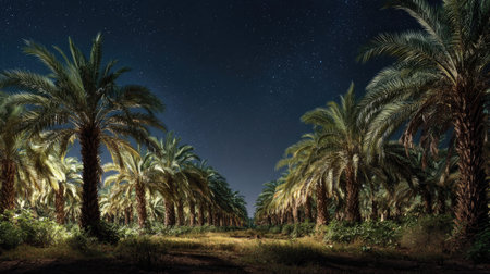 A panoramic wide view of Date palm field growing closely together under a clear night sky starlight illuminating leaves soft shadows calm natural atmosphere ultra realistic photography cinematic wide composition lifelike natural sceneの写真素材