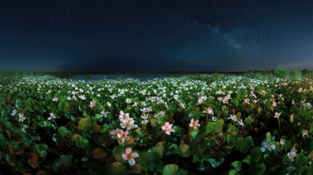A panoramic wide view of Bacopa field growing closely together under a clear night sky starlight...