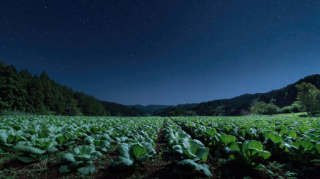 A panoramic wide view of Komatsuna field growing closely together under a clear night sky starlight illuminating leaves soft shadows calm natural atmosphere ultra realistic photography cinematic wide composition lifelike natural sceneの写真素材