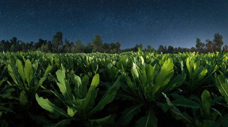 A panoramic wide view of Chicory field growing closely together under a clear night sky starlight...