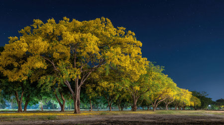 A panoramic wide view of Golden shower tree field growing closely together under a clear night sky...