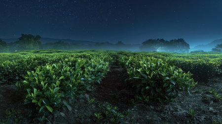 A panoramic wide view of Camellia field growing closely together under a clear night sky starlight...
