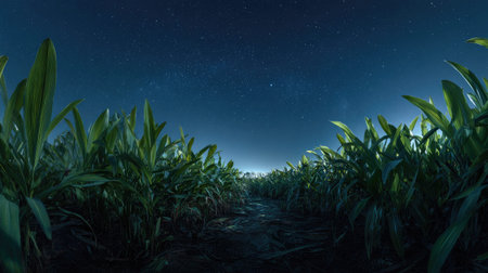 A panoramic wide view of Ginger field growing closely together under a clear night sky starlight...