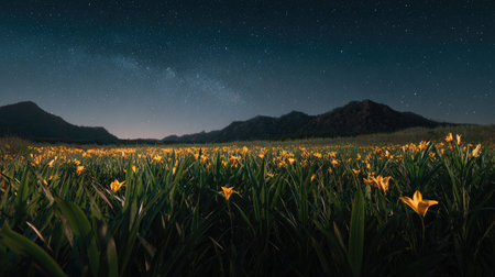 A panoramic wide view of Eschscholzia field growing closely together under a clear night sky...