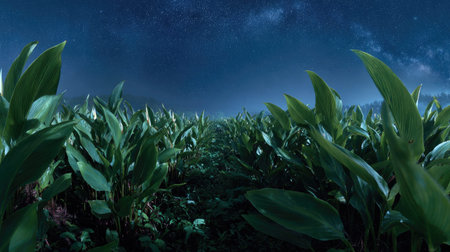 A panoramic wide view of Canna lily field growing closely together under a clear night sky starlight...