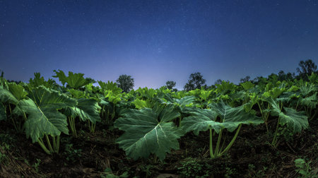 A panoramic wide view of Daikon leaves field growing closely together under a clear night sky starlight illuminating leaves soft shadows calm natural atmosphere ultra realistic photography cinematic wide composition lifelike natural sceneの写真素材