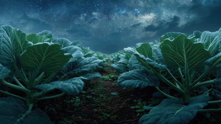 A panoramic wide view of Broccoli field growing closely together under a clear night sky starlight illuminating leaves soft shadows calm natural atmosphere ultra realistic photography cinematic wide composition lifelike natural sceneの写真素材