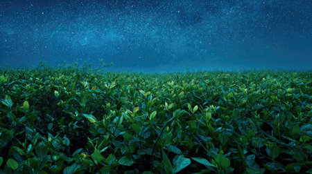 A panoramic wide view of Honeysuckle field growing closely together under a clear night sky...