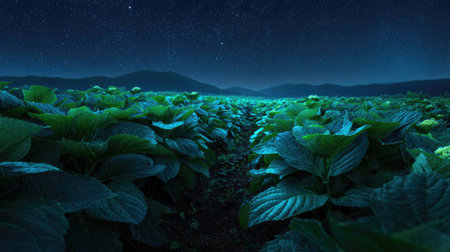 A panoramic wide view of Hydrangea field growing closely together under a clear night sky starlight illuminating leaves soft shadows calm natural atmosphere ultra realistic photography cinematic wide composition lifelike natural sceneの写真素材